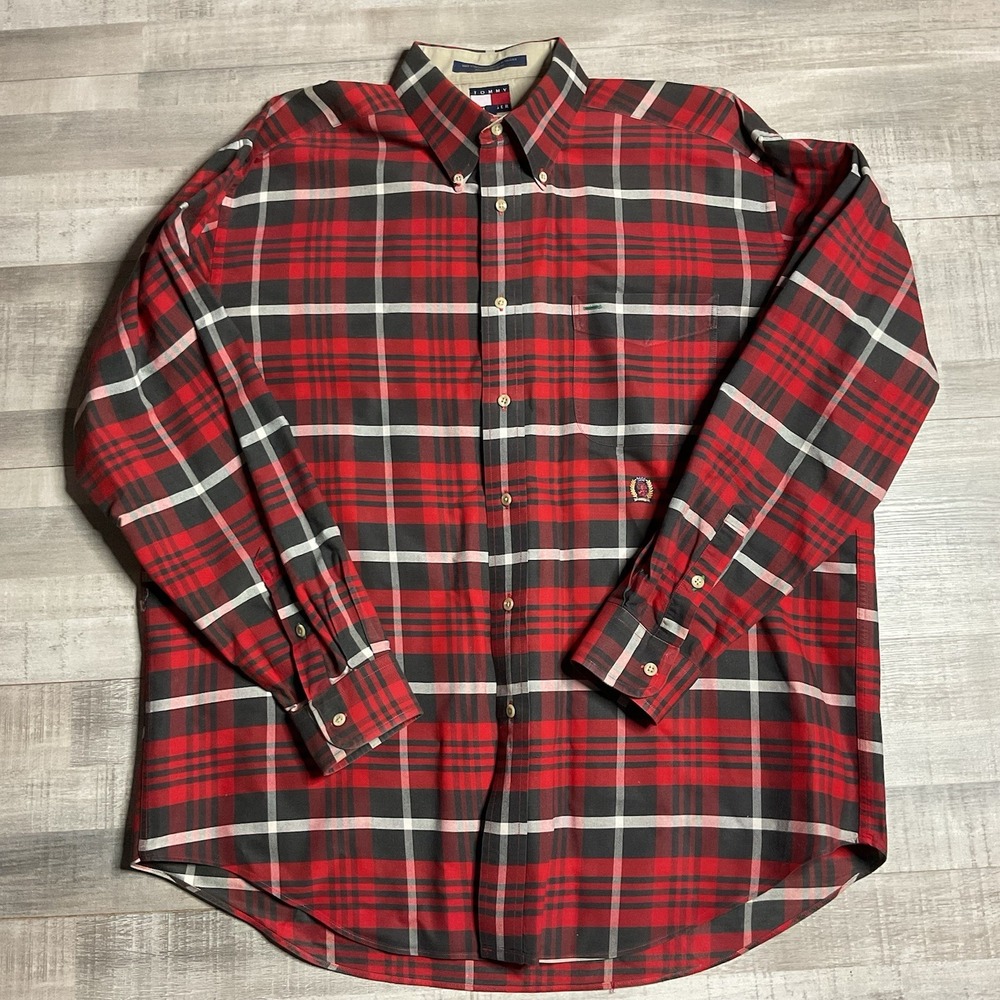 tommy‎ hilfiger vintage classic plaid canvas button down shirt size large mens